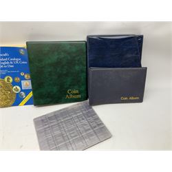 Coins, banknotes and accessories, including British Armed Forces notes, O'Brien five pound note 'C85',  Gill twenty pound note '14W', various The Royal Bank of Scotland one pound notes, German notes etc, coin covers, empty albums, reference books etc, in one box