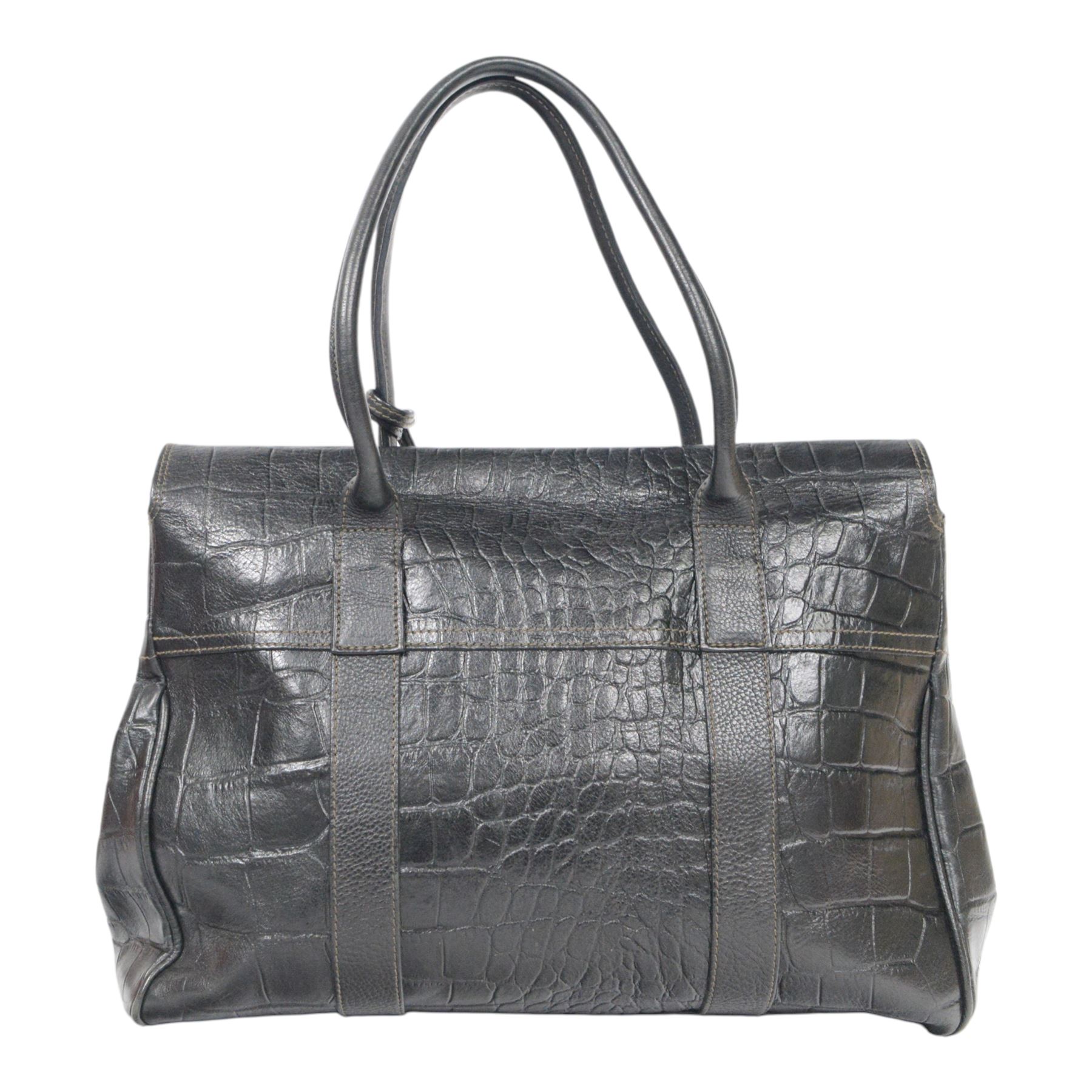 Mulberry Bayswater handbag, black mock crocodile-embossed leather with rolled leather top handles and brass hardware, the front secured by an oval Postman’s Lock stamped with the Mulberry tree motif, the interior lined in tan suede with zip pocket and slip compartments, leather brand tab stamped Mulberry, together with original Mulberry dust bag, W36cm D16cm H26cm