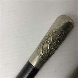 Three parade ground canes - malacca cane Coldstream Guards with plated mount engraved 'H.A. Myhan' L87cm; ebonised Church Lads Brigade 'Fight The Good Fight'; and mahogany stained Worcestershire Regiment (3)