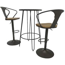 NEXT Home - rustic pine and wrought metal bistro table, circular top over dark grey metal base (W61cm H104cm); and pair of matching high stools, with swivel and adjustable height action (H113cm)