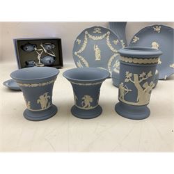 Wedgwood pale blue Jasperware, to include a pair of tulip vases, large vase with fluted rim, trinket dishes, trinket box etc, together with Wedgwood miniature hanging decoration in the form of a tea set 