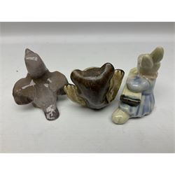 Three Beswick figures of horses, comprising Palomino foal 915, Dapple Grey foal and bay, together with Bing & Grondahl 1852 fledging sparrow modelled as a hungry baby bird and two other animal figures