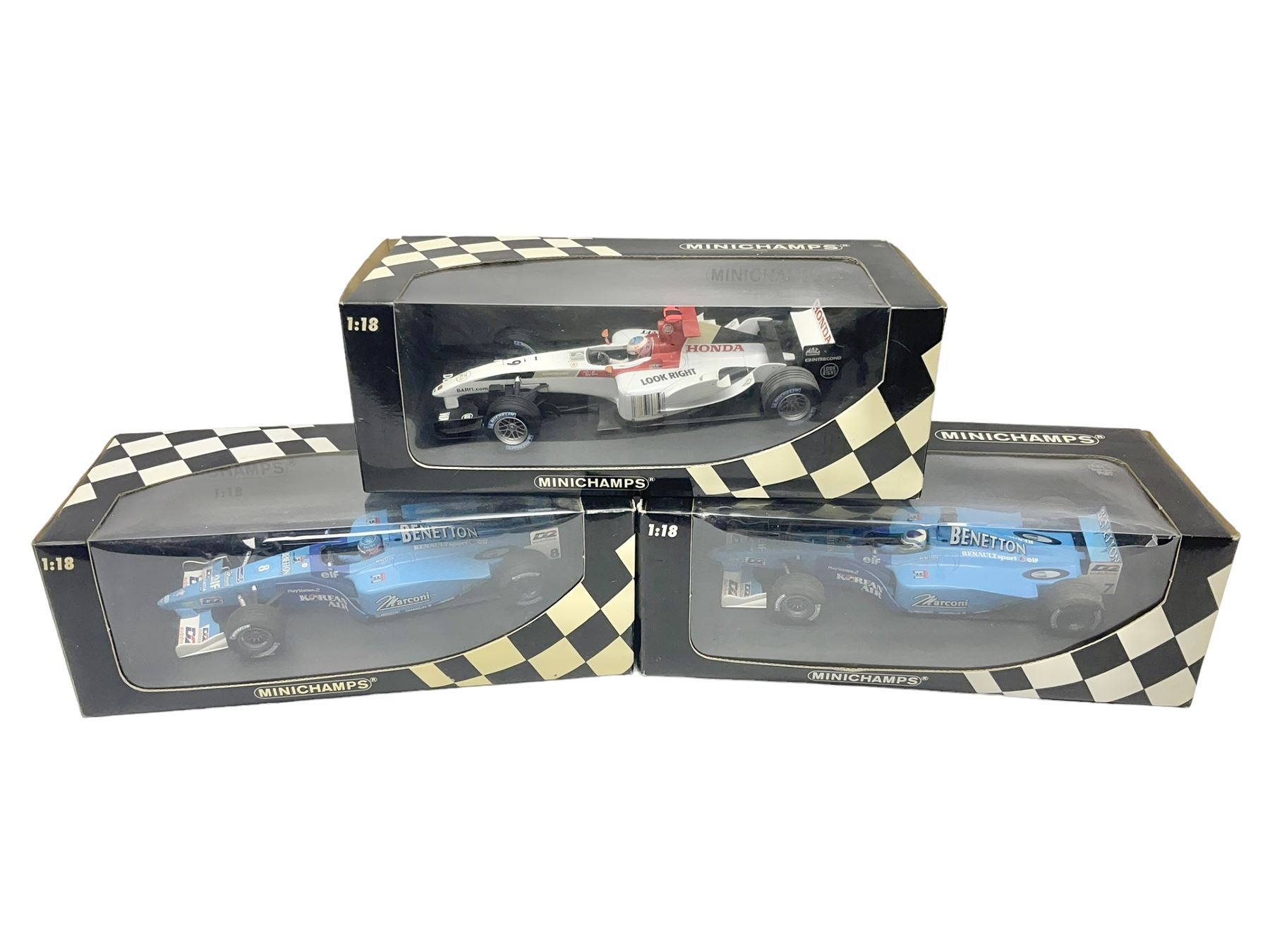 Three Minichamps 1:18 scale die-cast racing cars - B.A.R. Honda 006 J. Button; limited edition Benetton Renault Sport Showcar 2001 J. Button; and limited edition Benetton Renault Sport Showcar 2001 G. Fisichella; all boxed (3)