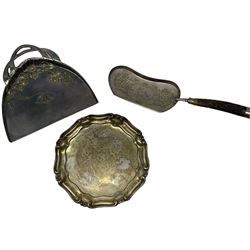 Two Georgian silver toddy ladles with baleen twist handles, (neither hallmarked), one with inset coin to bowl, together with a group of silver plate including cruet stand enclosing two glass bottles with stoppers, shaker and preserve pot with spoon, pair open salts with glass liners, etc. 