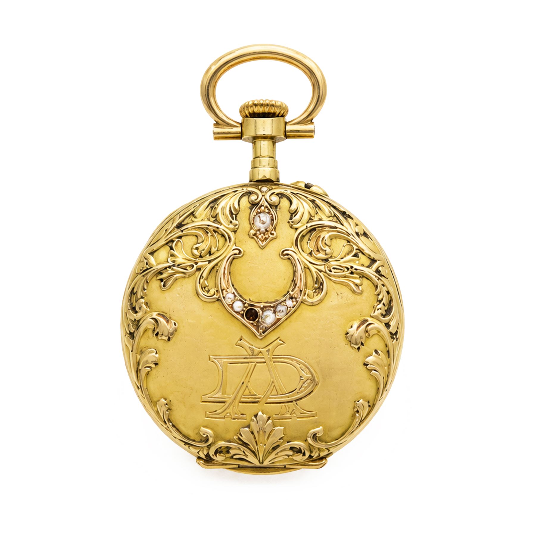 French 19th / early 20th century 18ct gold ladies cylinder fob watch, white enamel dial with Arabic hour markers, the back case set with rose cut diamonds, surrounded by embossed foliate decoration and engraved with initials 'D A', horses head hallmark