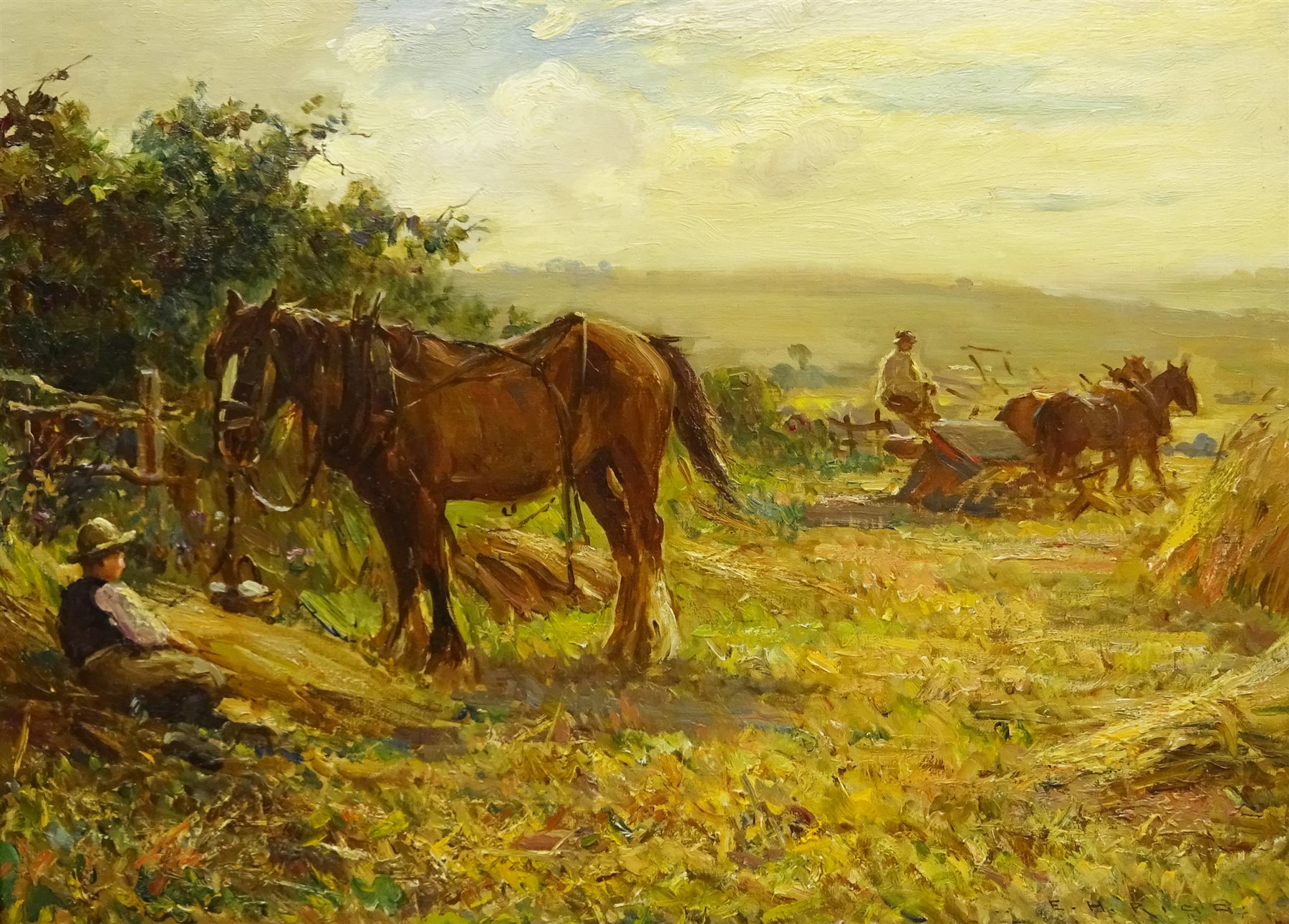 Ernest Higgins Rigg (Staithes Group 1868-1947): The Harvest Field with Horse Drawn Binder, oil on canvas signed 44cm x 59cm