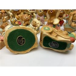 Extensive collection of Pendelfin rabbits and stands, to include Betsy Barge, Fruit Shop, Uncle Soames, Event Piece etc, many with original boxes 