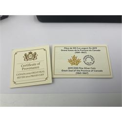 Royal Canadian Mint 2019 'Great Seal of the Province of Canada' fine silver one-hundred dollars coin, cased with certificate