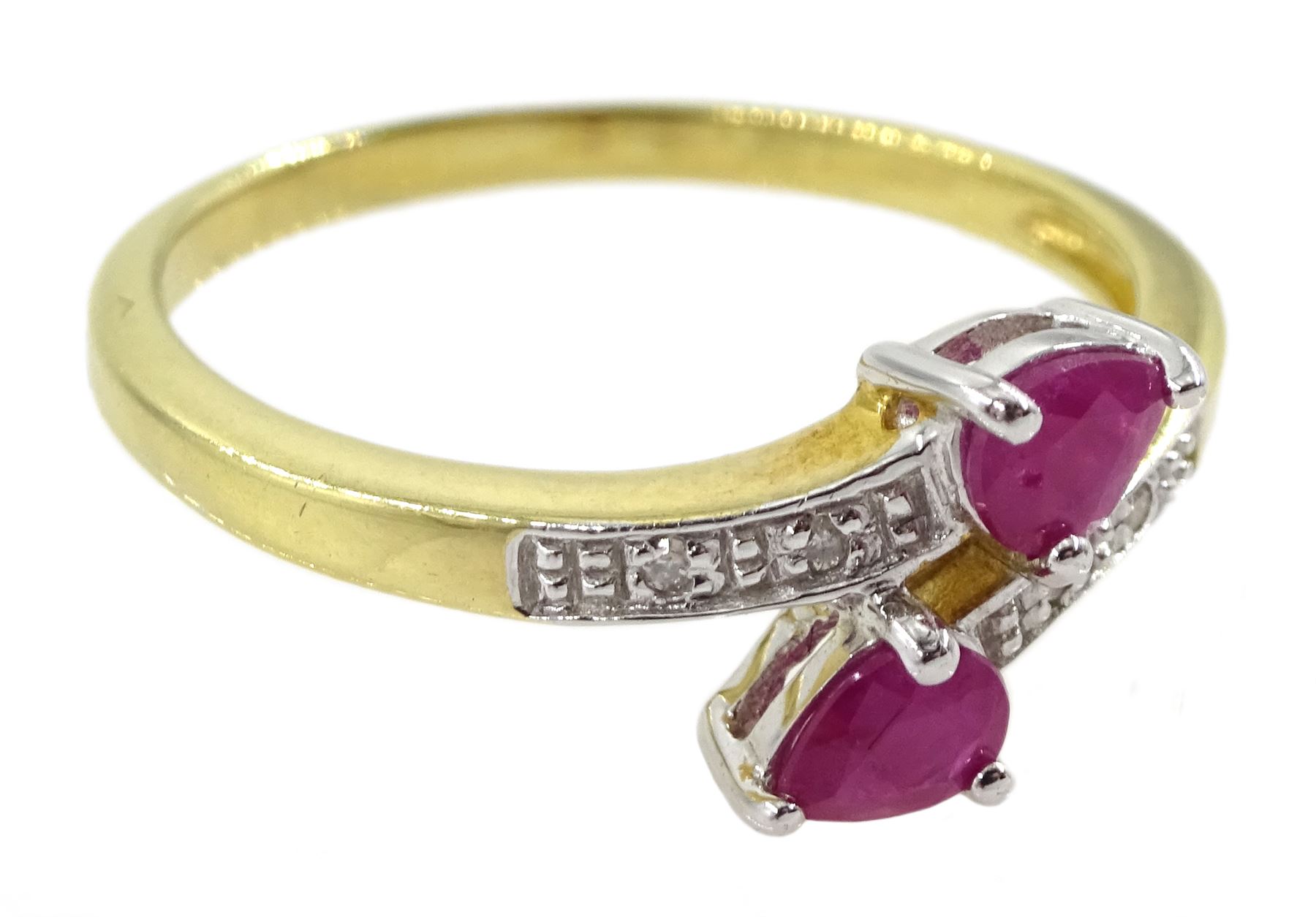Silver-gilt pear shaped ruby ring, with diamond set shoulders, stamped 925