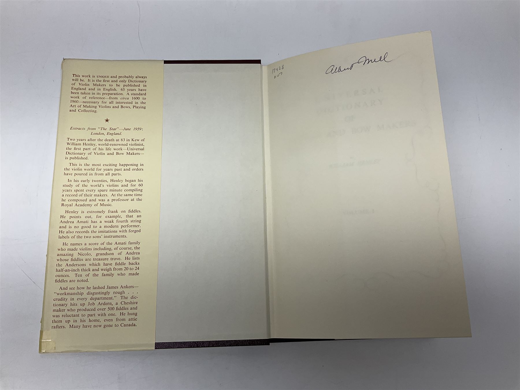 Fourteen books on violins and violin makers including Henley William: Universal Dictionary of Violin and Bow Makers. Five volumes. 1959/60. All first editions with dustjackets; Jalovec Karel: Encyclopaedia of Violin Makers. Two volumes. 1968. Vol.1 with d/j; Heron-Allen Ed.: Violin making As It Was, And Is. Two copies 1984 & 1991. Both with d/j; Henley W.: Antonio Stradivari. 1961; Fetis F.J.: Anthony Stradivari Celebrated Violin Maker. 1964 facsimile edition; Boyden David D.: catalogue of the Hill Collection of Musical Instruments in the Ashmolean Museum. 1979; and two others (14)