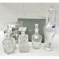 Waterford easel picture frame in original box and pouch, Villeroy & Boch decanter and three other glass decanters, tallest H42cm