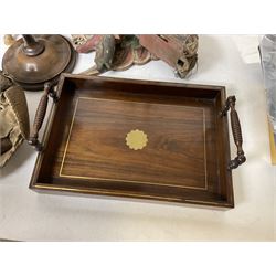 Taxidermy armadillo basket, mahogany clock case, burr walnut box, wooden exercise pins, satinwood pen tray with turned handles and a collection of other wooden collectables