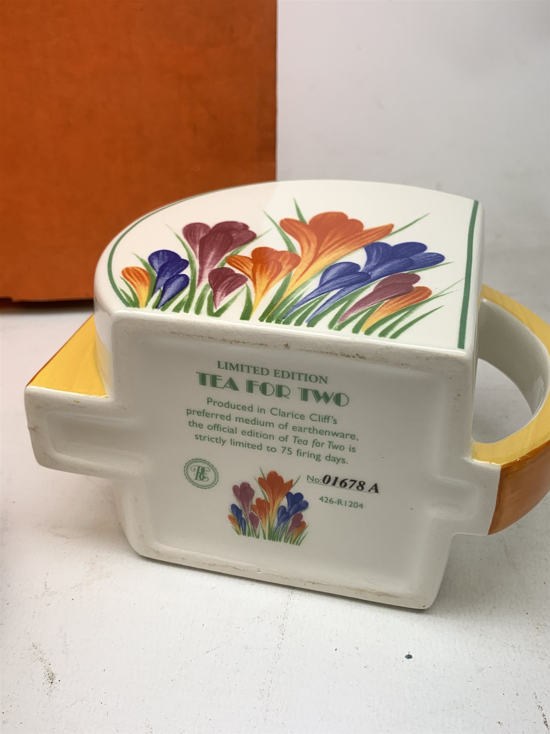 A limited edition Wedgwood Clarice Cliff Tea For Two set, comprising teapot, and two teacups and saucers, decorated in the crocus pattern, with boxes and certificates. 