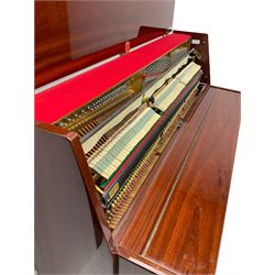 Steinmayer upright series 108 piano in sapele mahogany case, with an overstrung Iron frame and underdamper action, sustain, sostenuto and practise pedal, full compass seven octave 88 note keyboard serial Number 97050003 