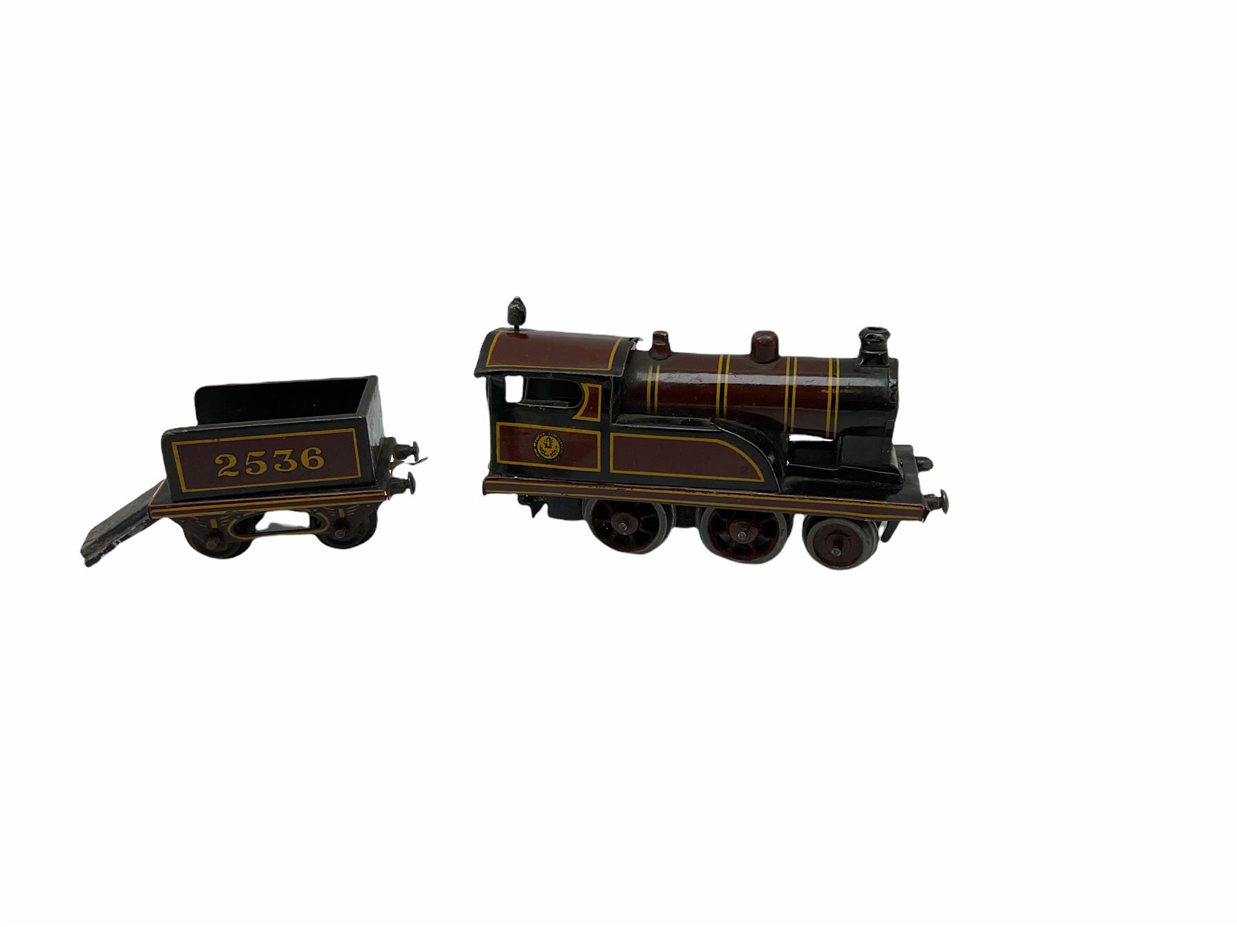 Bing '00' gauge - Table Top train set with clockwork 2-4-0 LMS locomotive and tender, three passenger coaches, signal box and thirteen sections of track; unboxed.