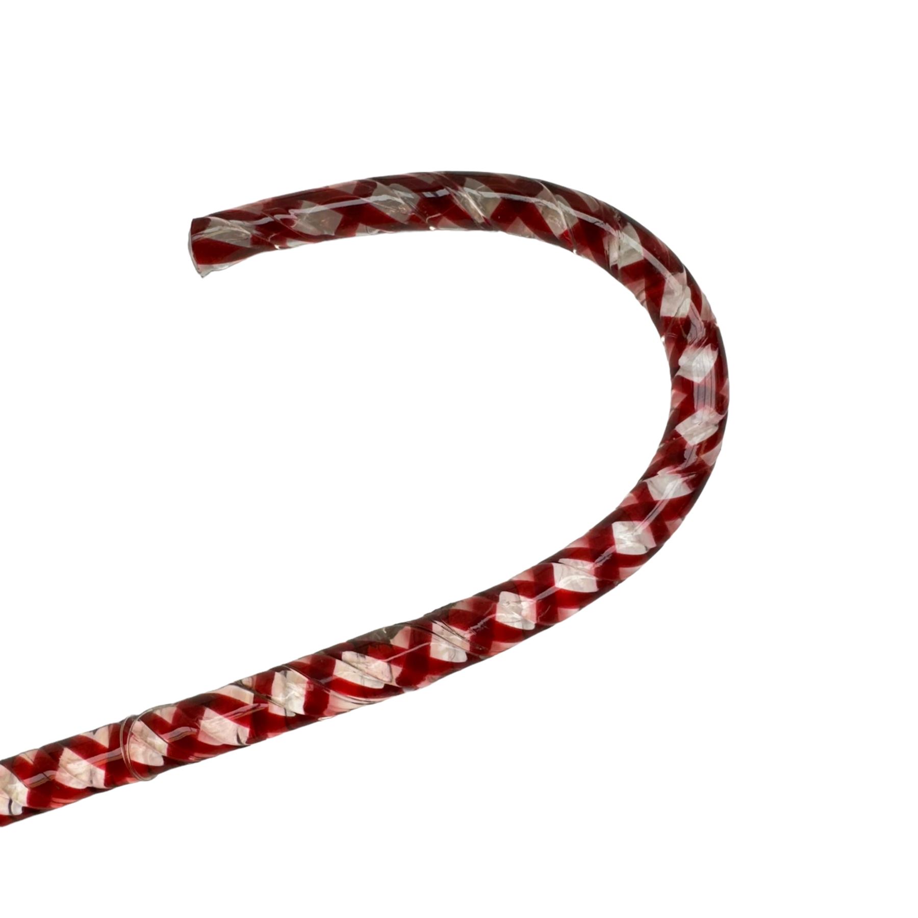 Six Victorian glass walking canes, to include three 'frigger' examples with colour twist designs, a 'hundreds and thousands' example with knop finial and filled with micro beads, possibly Nailsea, an opaque green twist example, and an amber glass example, longest L130cm