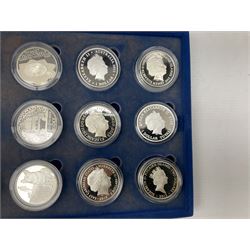 The Queen's Diamond Jubilee silver proof coin collection, consisting of twenty-four coins from Commonwealth countries, produced by The Royal Mint, housed in a blue presentation case, with certificate stating this is number 1397 of 15000 produced