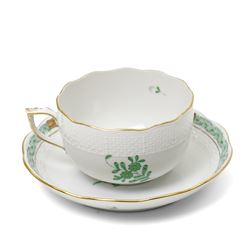 Herend porcelain Tete a Tete decorated in the green Chinese Bouquet pattern, comprising cabaret tray, two cups and saucers, tea pot, leaf shape bowl and milk jug