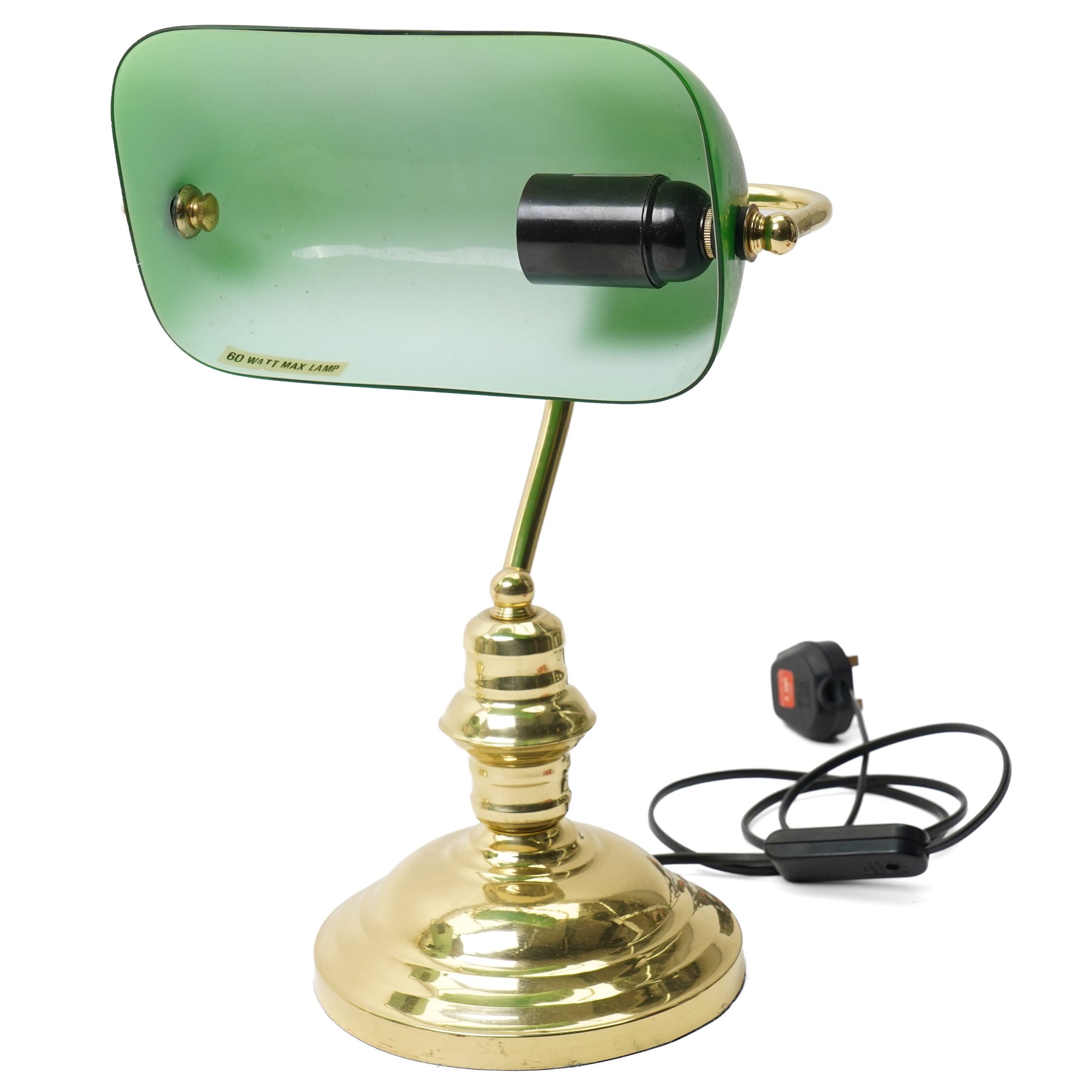 Two brass bankers style table lamps with green glass shades, H36cm (2)