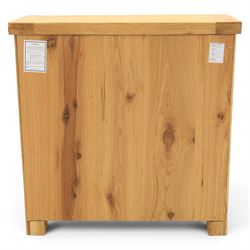 Modern oak living room set comprising; a small side cabinet, corner TV stand and coffee table, cabinet with single drawer and cabinet, finished with metal handles (H 80cm, D 32cm, W 80cm), TV stand with open recess and rear aperture for wires, above nine drawers with chrome pulls (H 62cm, D 50cm, W 84cm)  coffee table with curved edges and full length undertier (H 50cm, D 60cm, W 90cm)  