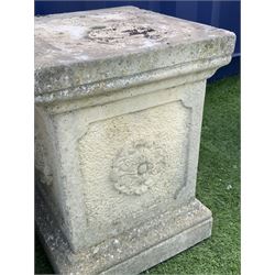 Pair composite stone garden plinths, square form with top and lower mould, each side set with flower head - THIS LOT IS TO BE COLLECTED BY APPOINTMENT FROM DUGGLEBY STORAGE, GREAT HILL, EASTFIELD, SCARBOROUGH, YO11 3TX