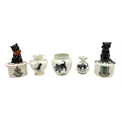 Five crested ware Good Luck black cats, comprising two Willow Art examples, two Arcadian examples and one Carlton China, to include Bridlington, Hull, Filey, etc, tallest H9cm