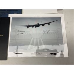 Dambusters 617 Squadron memorabilia - three signed photographs of Lancaster aircraft in flight, group photograph, copy of Vickers-Armstongs letter and drawing from Barnes Wallis, The History of 617 Squadron by Sqn. Ldr. S.J. Hillier, facsimile sets of signatures, FDCs, sheet music, Richard Todd signed photograph and greeting card, etc