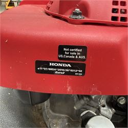Honda -  GCV160 petrol lawnmower, Izy model, with rear grass collector, grey deck and red engine cover.