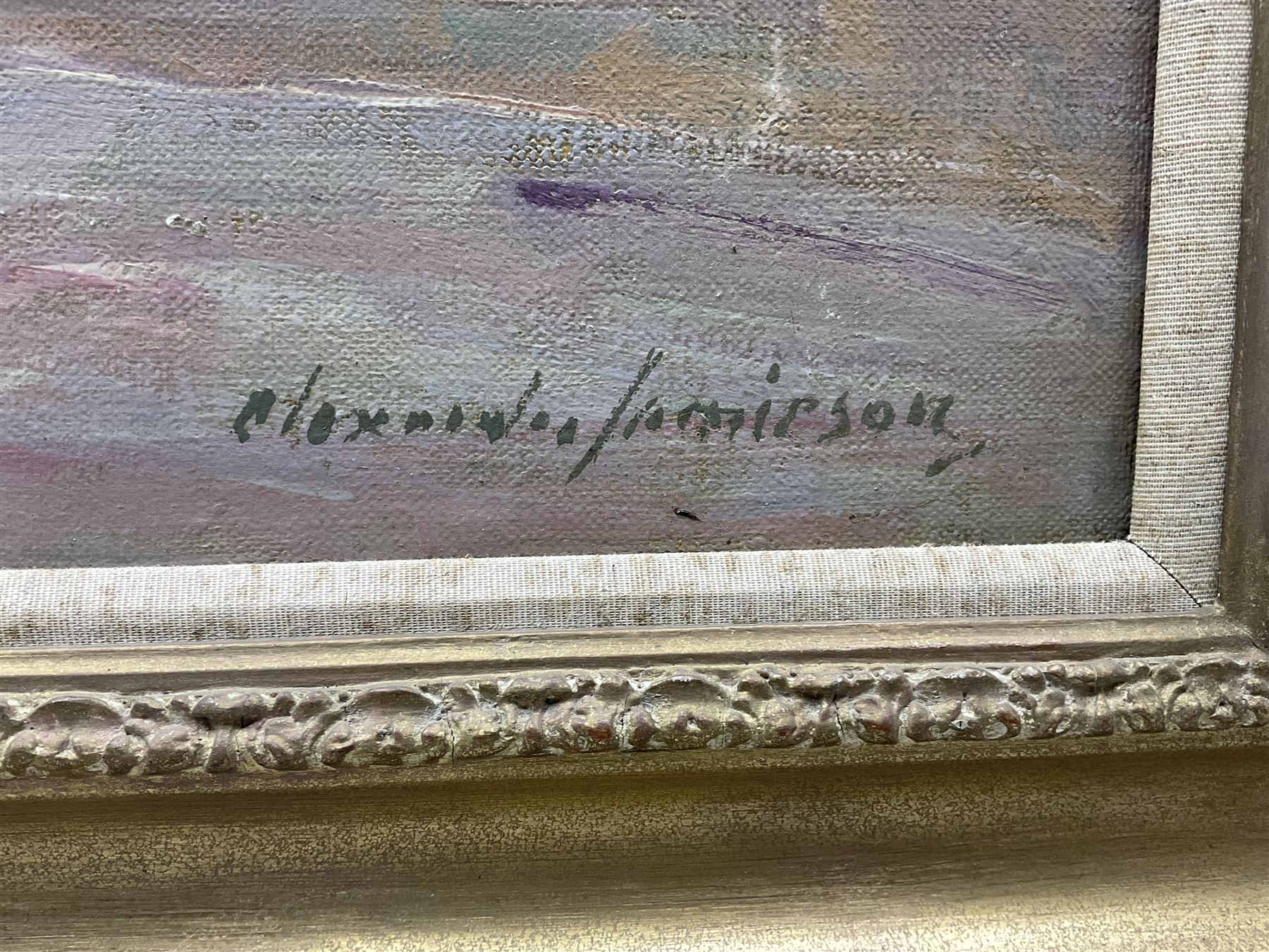 Alexander Jamieson (Scottish 1873-1937): 'Scarborough Castle and Harbour', oil on canvas signed, titled on exhibition label with 'Aylesbury' address label and James Bourlet label verso 70cm x 90cm