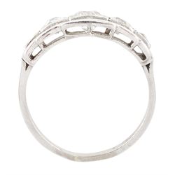 Art Deco white gold diamond ring, five milgrain set graduating old cut diamonds, in a square openwork setting, stamped 18ct, total diamond weight approx 0.80 carat