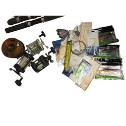Fishing tackle including Fladen Chieftain 30 and other reels, lures, fishing line etc, housed in a Shakespeare box and five fishing rods