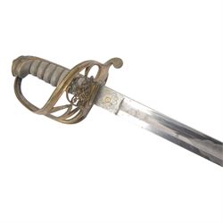British Victorian 1845 Pattern Infantry Officer's Sword, by Henry Wilkinson, the 81cm blade by Henry Wilkinson, etched with the crowned VR cypher amidst scrolling foliage,folding sideguard, wire bound fishskin covered grip, within brass scabbard, twin suspension rings, overall L100cm