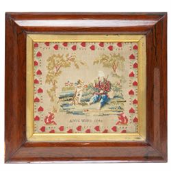 Victorian needlework sampler, by Ann Wilks, dated 1846, finely worked depicting a boy trai...