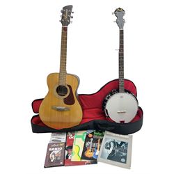 Rally five-string banjo with mahogany solid back L101cm in soft carrying case; and Brunswick Model BF200 acoustic guitar L103cm; with small quantity of instructional DVDs and booklets