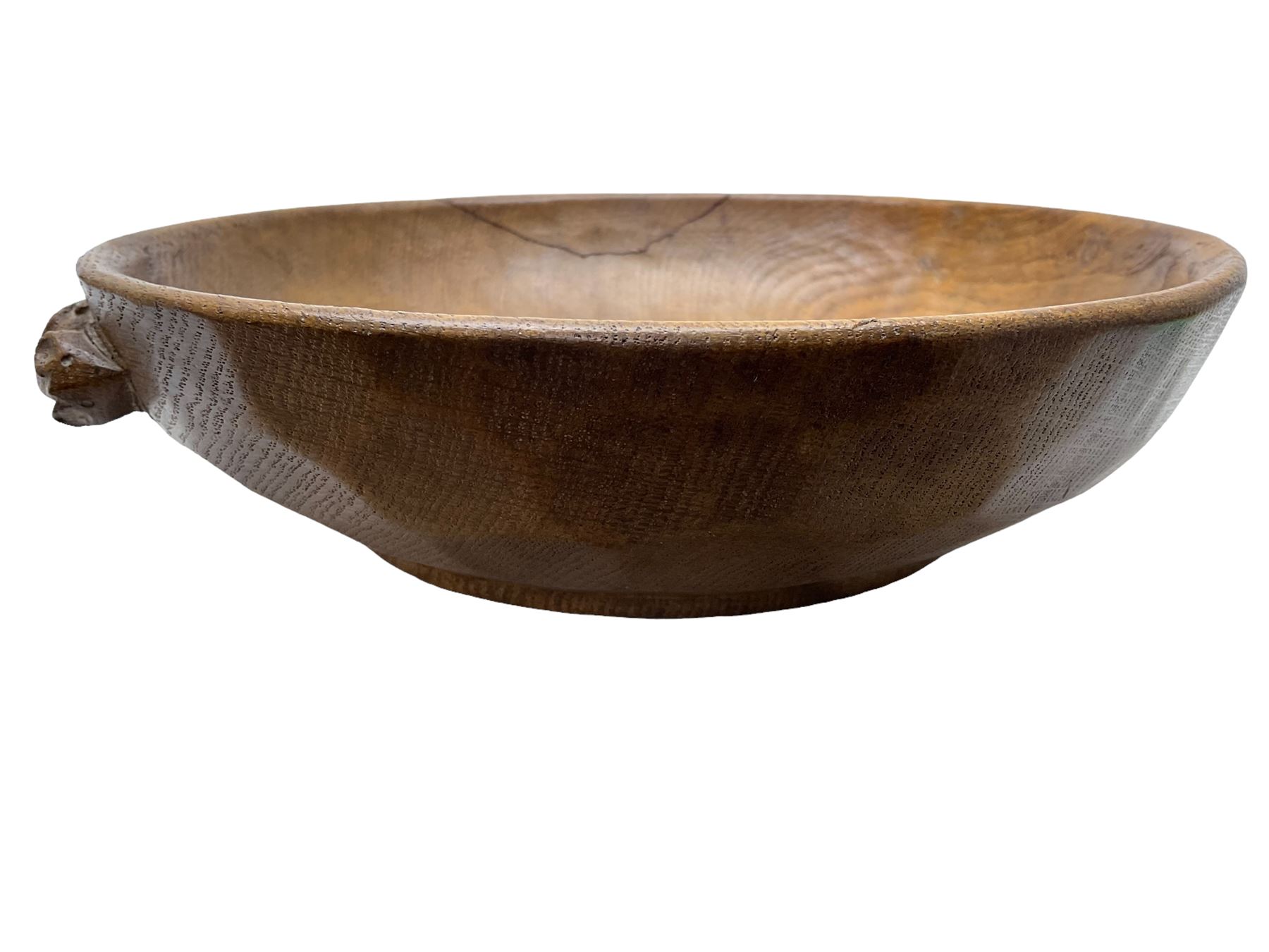 Mouseman - oak fruit bowl, the adzed exterior with carved mouse signature, by the workshop of Robert Thompson, Kilburn, D26cm