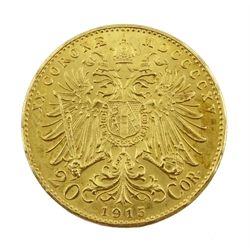 Austrian restrike 1915 gold 20 corona coin