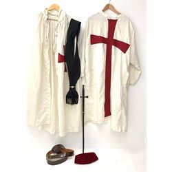 Masonic Knights Templar uniform, comprising hooded cape, ceremonial sword marked AR Fabb Bros Ltd, cap, sash, and belt.