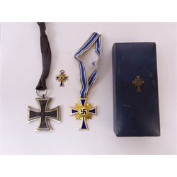  WW2 German Mother's Cross, gilt First Class, in issue box marked B.H. Mayer Pforzheim, with ribbon and miniature and German Iron Cross with later manuscript note 'Hans Walter, L.37603, L.G. PA. Berlin 9.9.41'  