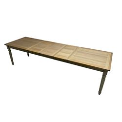 Neptune - 'Suffolk' 8-12 seat extending dining table, rectangular oak with breadboarded ends, on light grey finish base with turned supports, three additional leaves