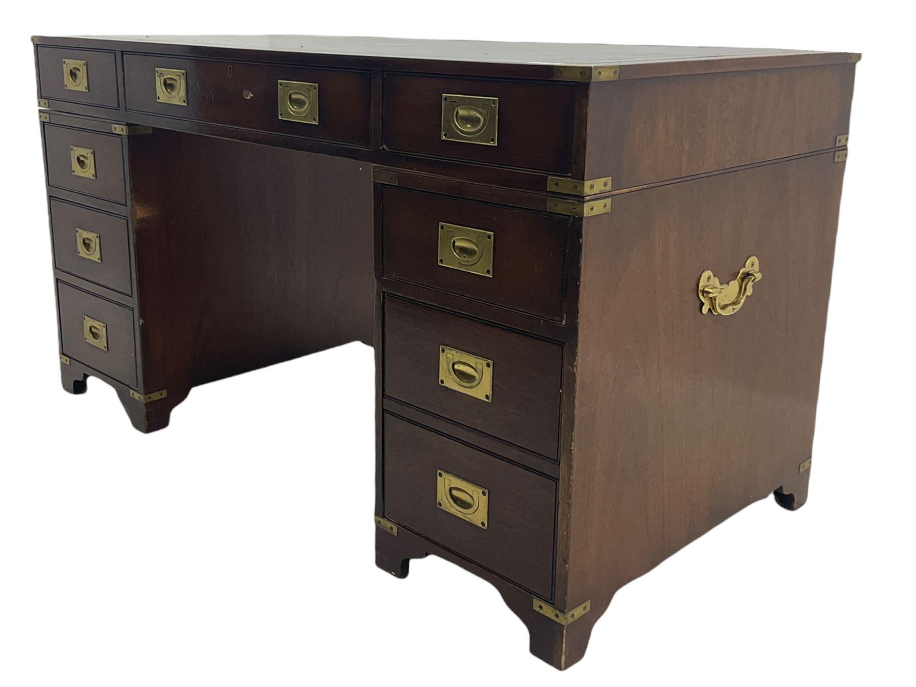 Bevan Funnell Reprodux - Military style mahogany twin pedestal desk, rectangular top with leather inset, fitted with eight drawers, on bracket feet