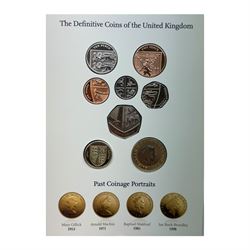 Seven The Royal Mint United Kingdom uncirculated coin sets, comprising  2008 'Emblems of Britain' seven coins, 2010 'A celebration of Britain' eight coins, 2014 'Definitive' eight coins, 2015 'The Fourth Circulating Coinage Portrait Final Edition' eight coins, 2022 'Definitive' eight coins, 2023 'King Charles III Definitives' eight coins and 2024 'Definitive' eight coins, all in card folders
