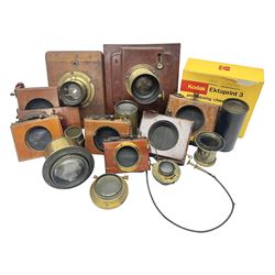 Selection of Brass Camera Lenses, to include Ross London lens 8 1/2 x 6 1/2, Beck Symmetrical lens, etc together with lens holders 