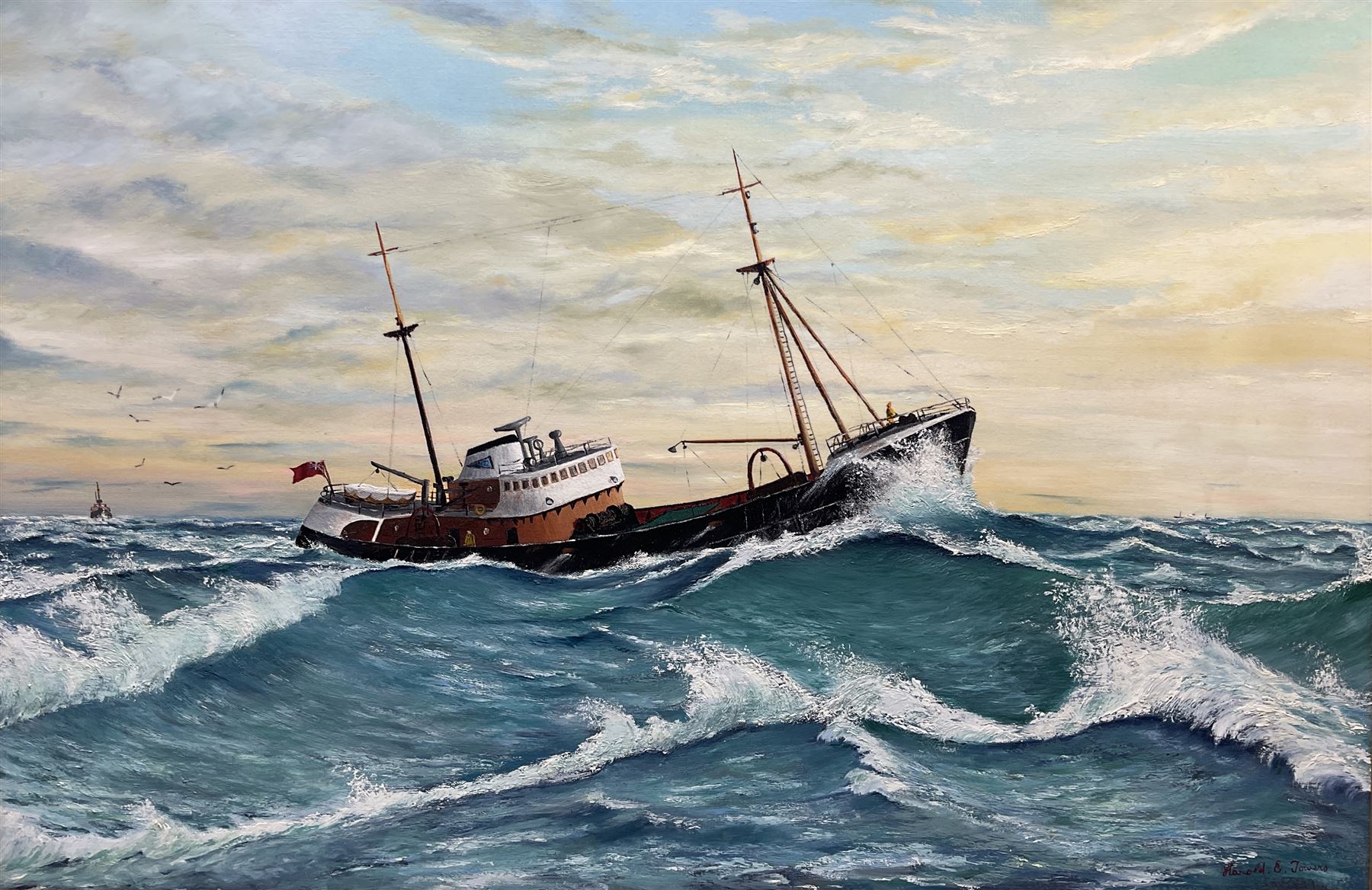 Harold E Towers (British 20th century): English Fishing Trawler at Dawn, oil on canvas signed 60cm x 90cm