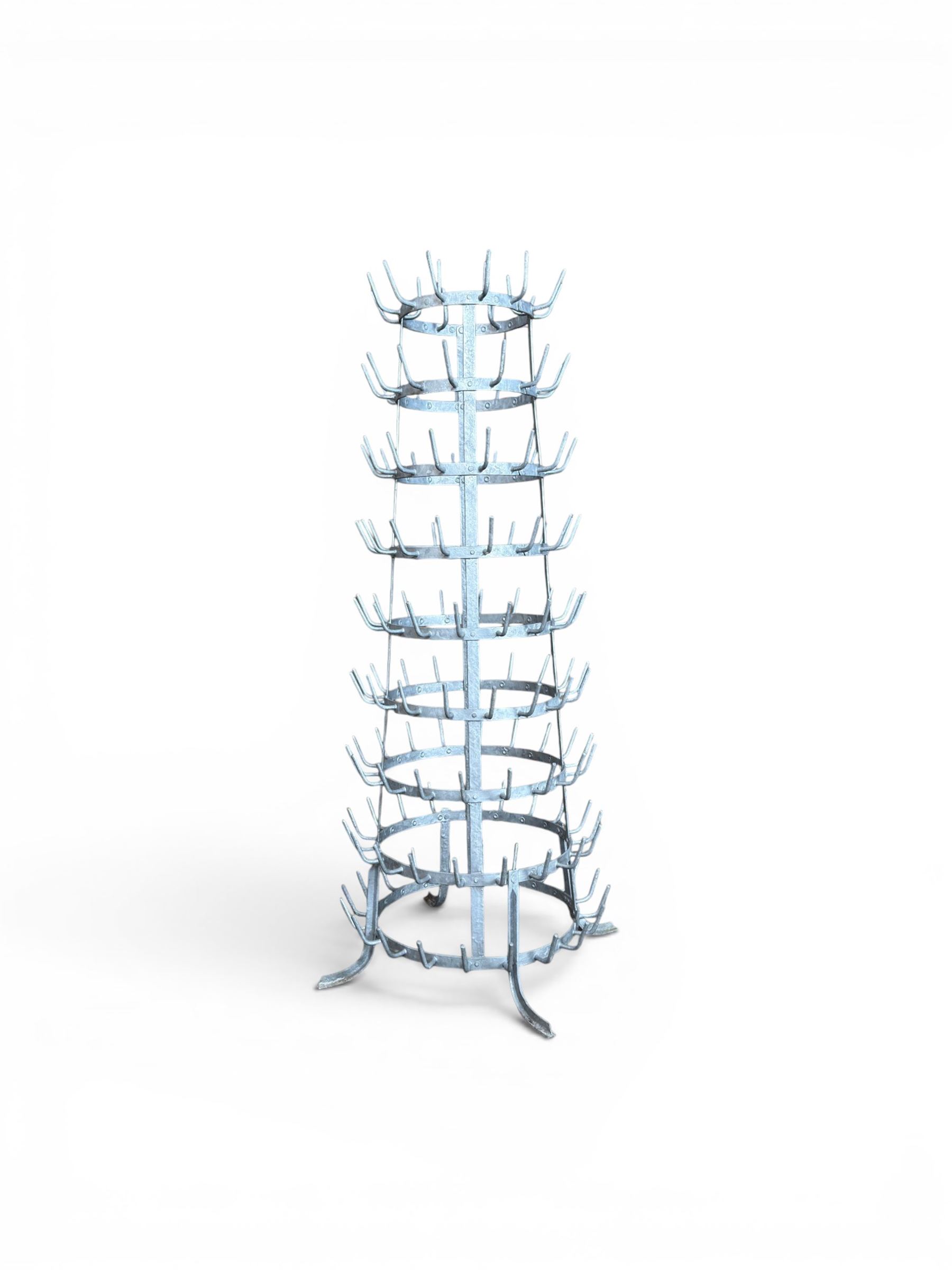 Galvanised metal bottle drying tree, pegs for 142 bottles