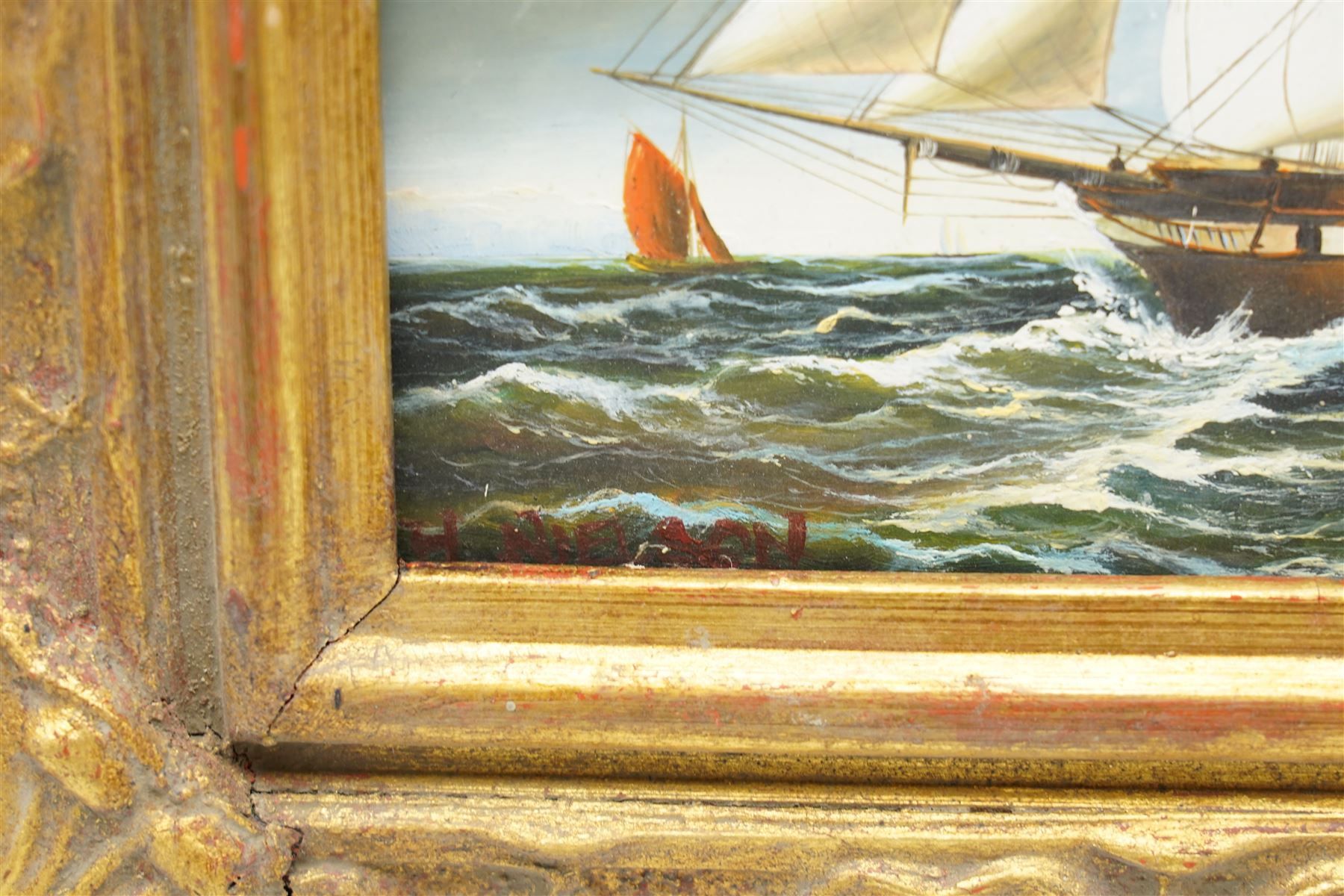English School (20th century): Portait of a Boy with a Bat and a Ship Portrait, two oils on wood panel in matching gilt frames indistinctly signed 16cm x 11cm and 11cm x 16.5cm (2)
