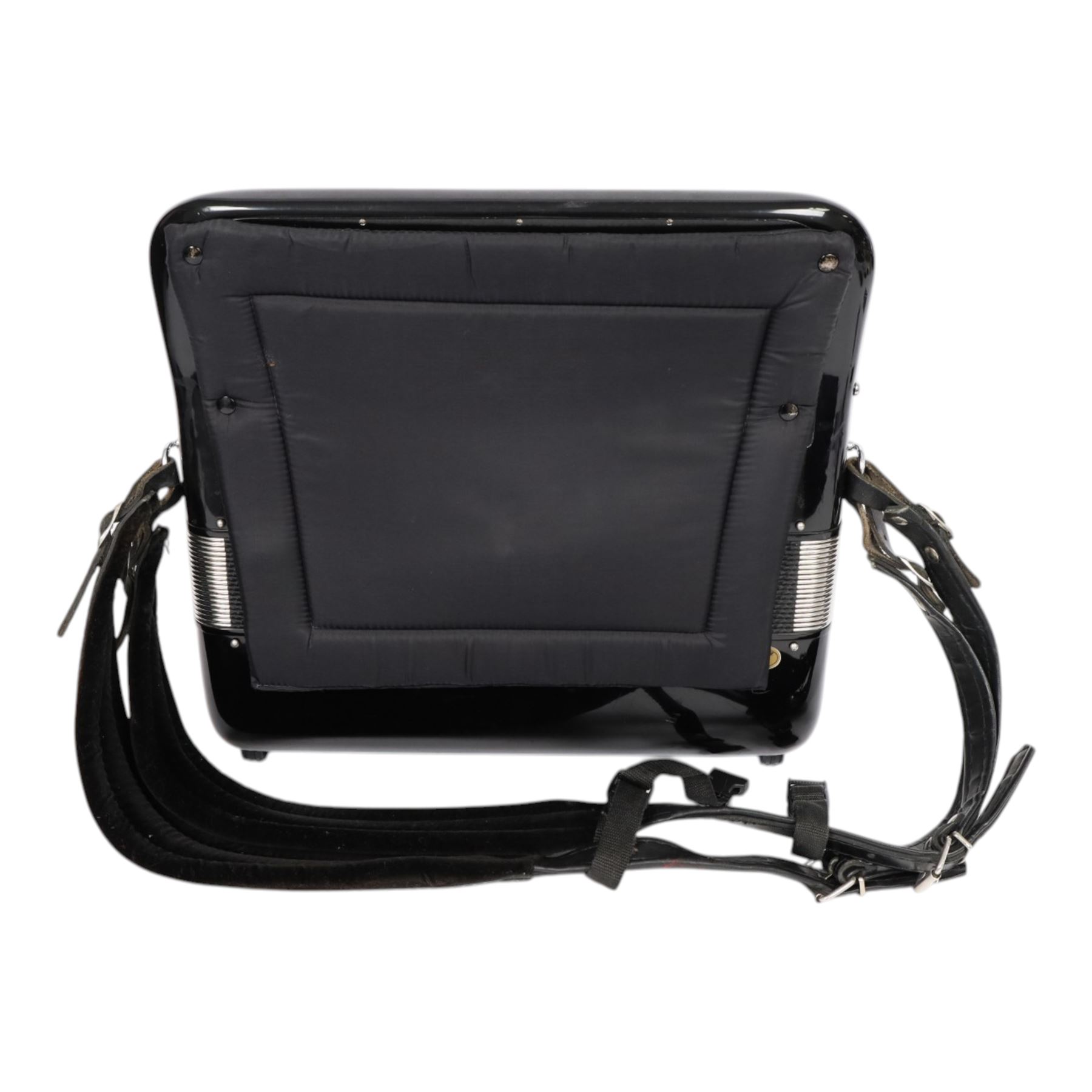 Borsini Professional 5-Row Chromatic button accordion, with 92 white pearlescent chromatic buttons and 136 bass buttons, possibly a custom model, in black high gloss case, with carry strap and original hard carrycase