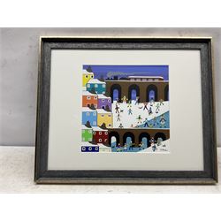 Gordon Barker (British 1960-): Sledging by the Viaduct, acrylic on paper signed 28cm x 28cm