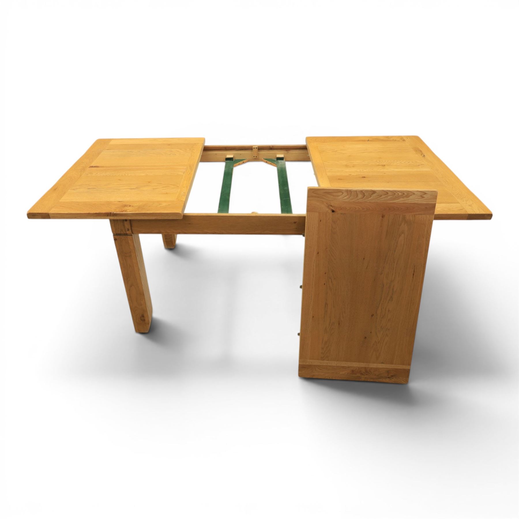 Contemporary oak dining extending table and set of six chairs, with additional leaf  extending to 182cm, chairs with cream upholstered seat
