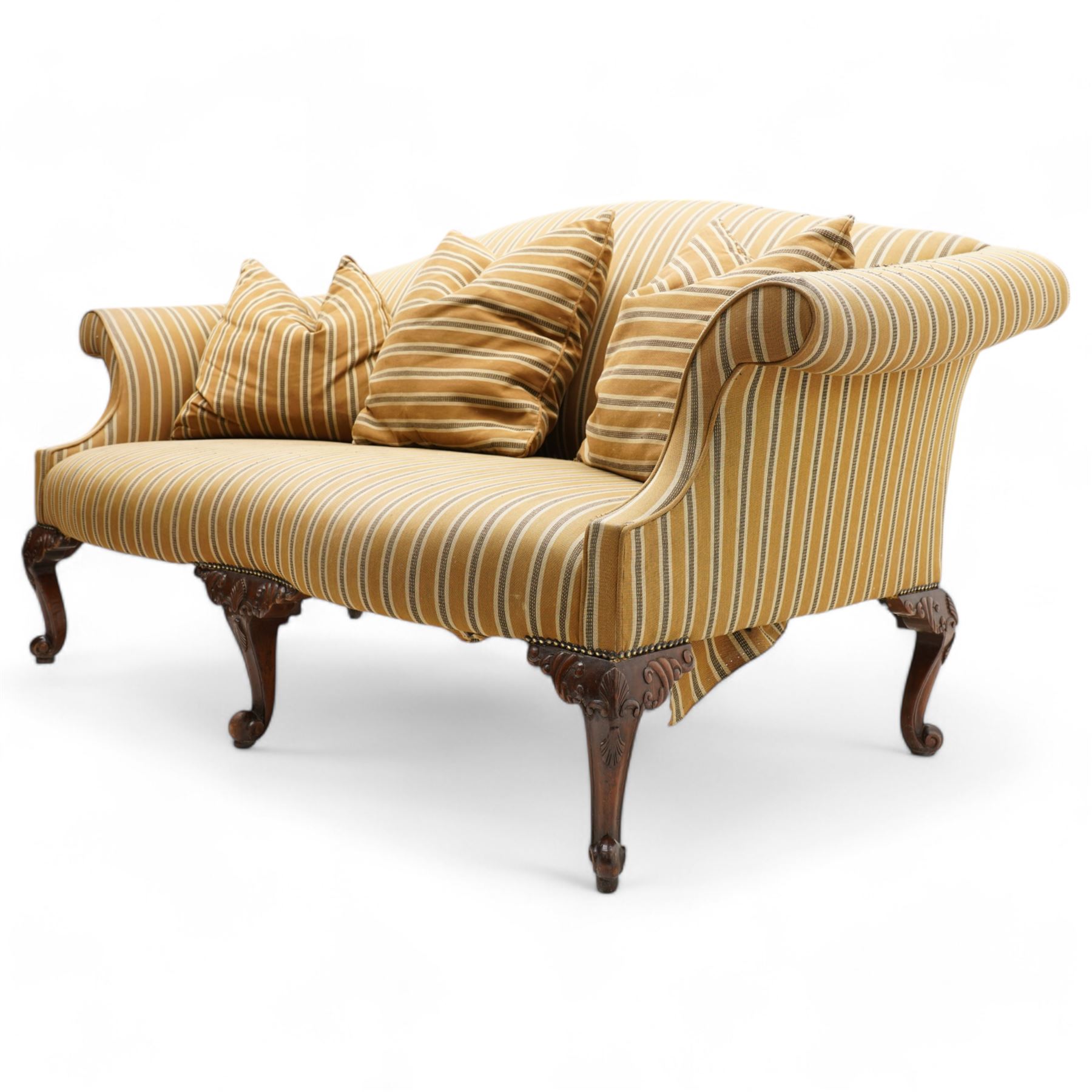 Chippendale design hardwood-framed settee, arched back over rolled arms and serpentine seat, upholstered in striped fabric, on shell and foliate carved cabriole supports with scrolled terminals, together with matching scatter cushions 