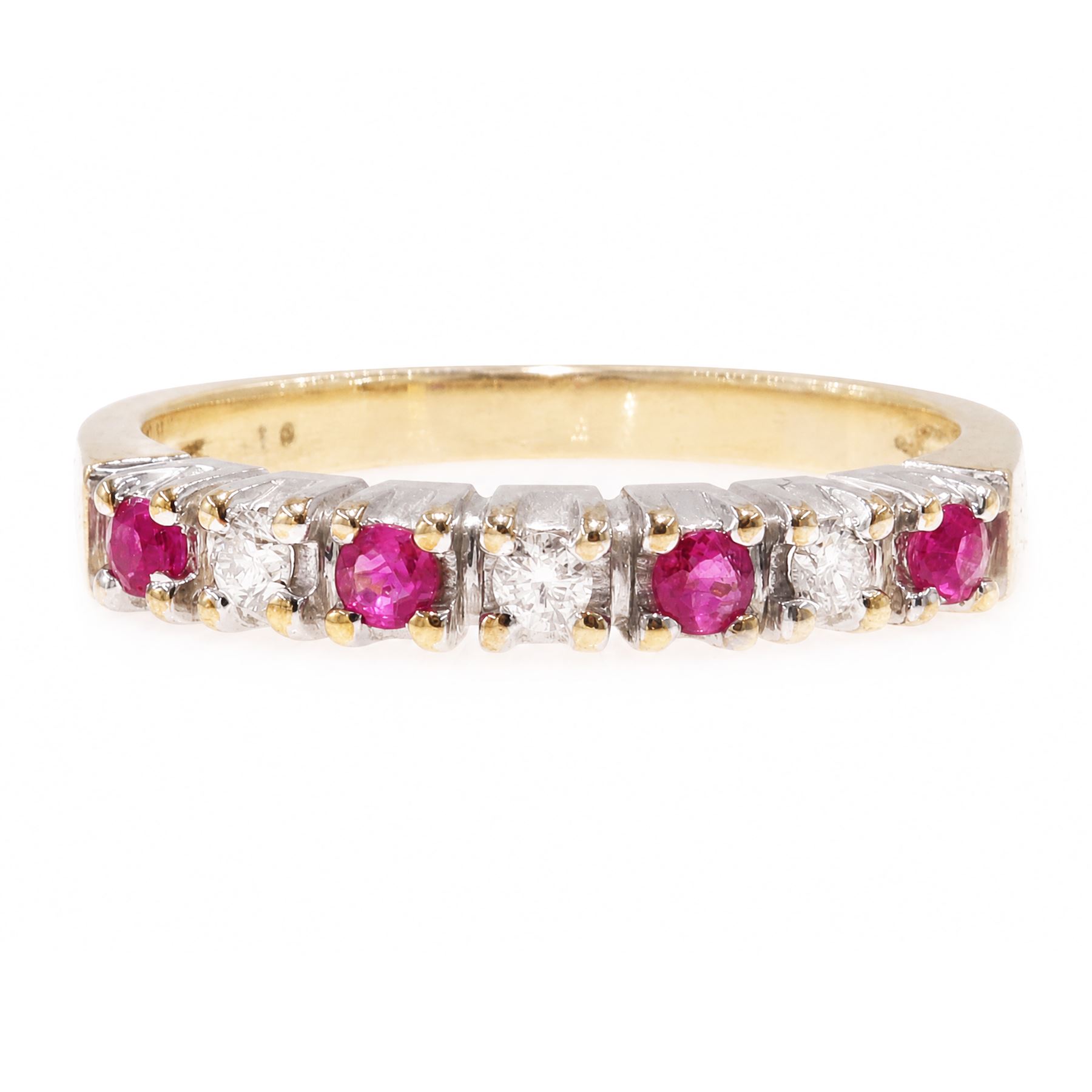 9ct gold ruby and diamond seven stone half eternity ring, alternate set with round brilliant cut diamonds and rubies, hallmarked, total diamond weight 0.15 carat